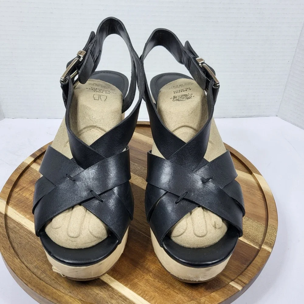 Rebecca Minkoff Black Leather Wood Platform‎ Block Heel Sandals Womens 9M